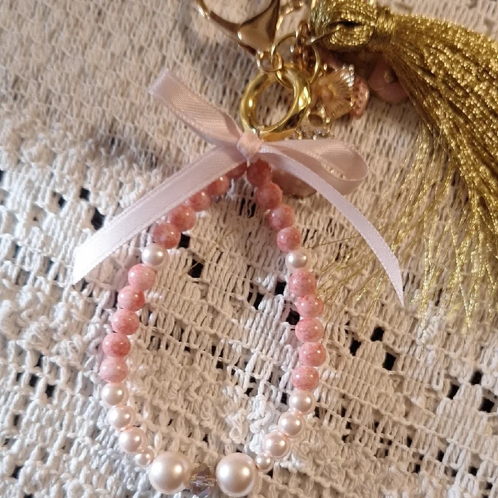Feminine Charms Gold and Pink Beaded Keychain/Handbag Charm/Backpack Charm.